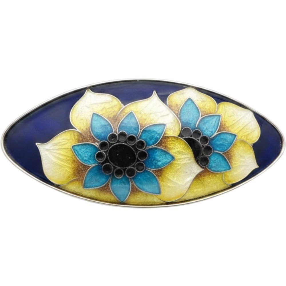 Vintage Oval Enamel Floral Brooch Blue Yellow Sunflowers Silver Tone Pin 2 Inch